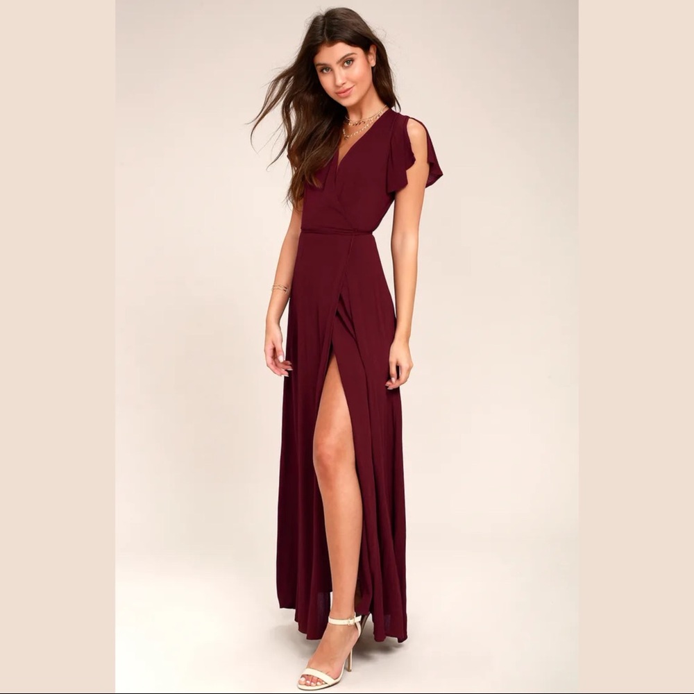 Lulu’s Heart of Marigold burgundy wrap maxi dress